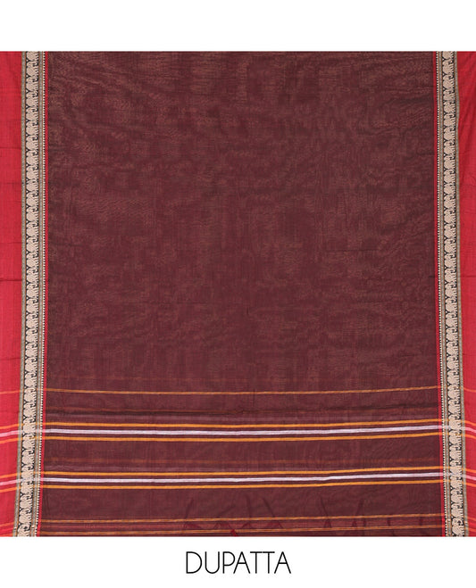 Wine Mercerised Cotton Material Churidar Set, Subtly Woven Plain with Contrast Traditional Elephant Motif Bordered Top, a Plain Santoon Bottom, and Paired with a Mercerised Cotton Dupatta