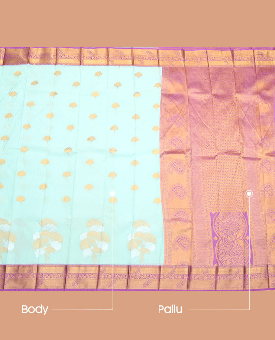 Pale Blue Budget Silk Saree, Sparsely Threaded with Zari Buttas, a Contrast Traditional Zari Border, Grand Pallu, and a Contrast Blouse