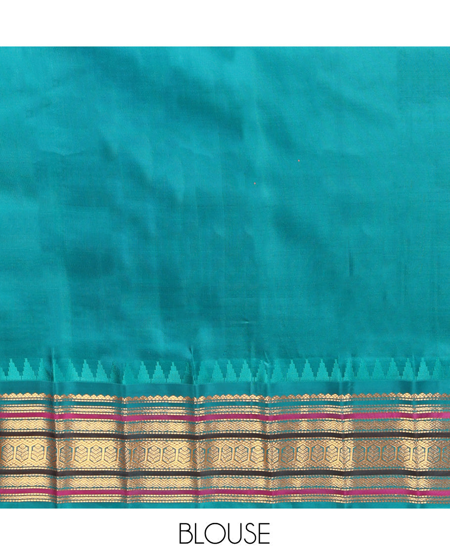 Maroon Gadwal Silk Saree, Beautifully Bedecked with Zari Buttas, Complemented by a Contrast Traditional Zari Design Temple Border, Jaal Pallu, and a Contrast Blouse