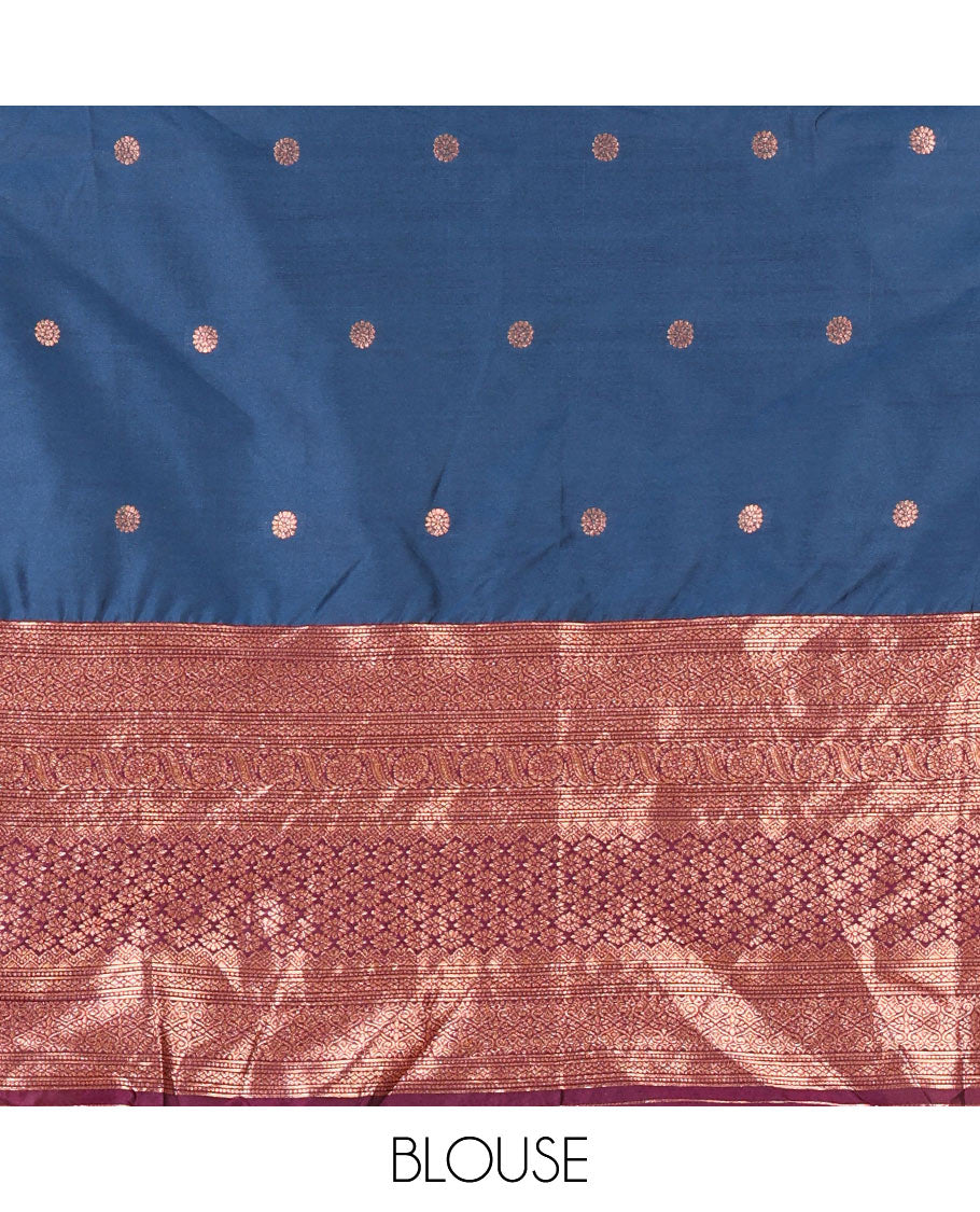 Peacock blue taffeta silk half-saree, flower zari buttas and contrast traditional zari bordered skirt, a matching blouse, and contrast embroidered satin georgette scallop dhavani