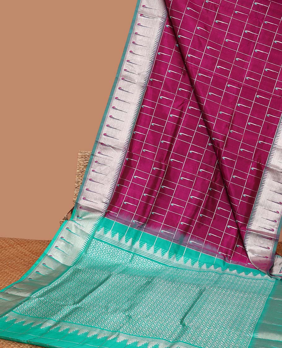 Marron parrot motifs enclosed with checked design vengatagiri pure silk saree , contrast parrot border & pallu of argyle pattern