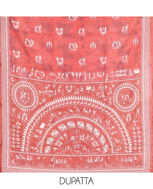 Peach Material Churidar Set, Delicately Designed with Warli Motifs Printed on Chanderi Top, Comes with a Plain Santoon Bottom, and Is Paired with a Chanderi Dupatta Featuring Warli-Village Themed Motifs Print