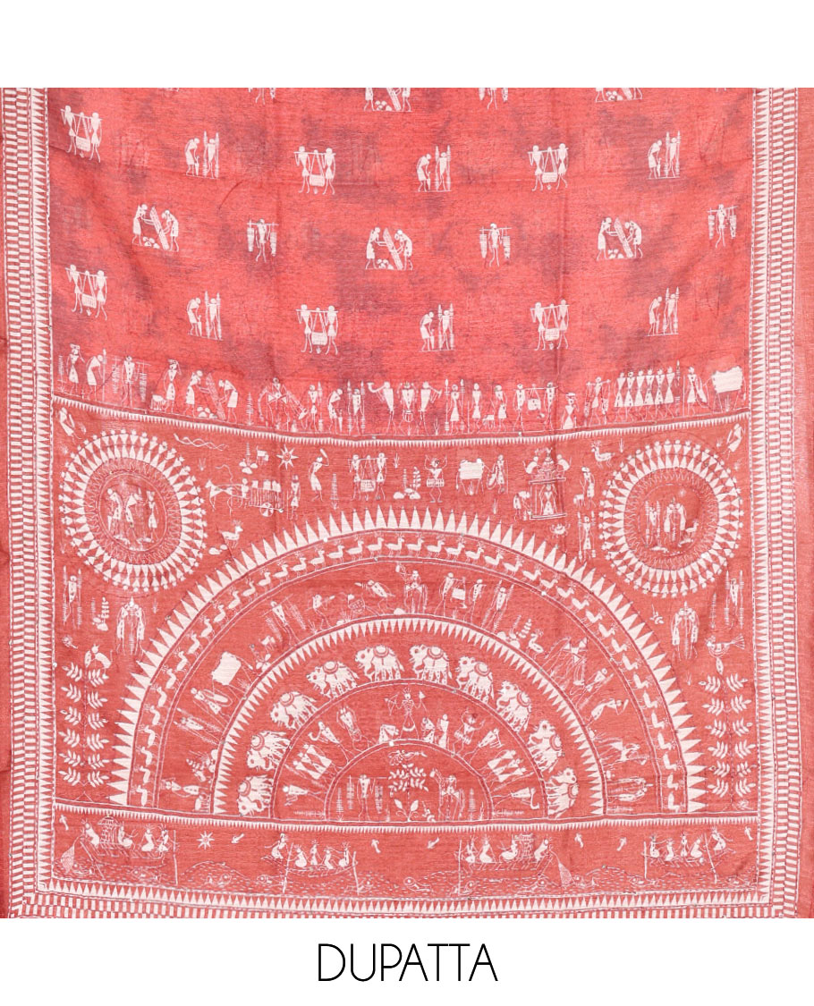 Peach Material Churidar Set, Delicately Designed with Warli Motifs Printed on Chanderi Top, Comes with a Plain Santoon Bottom, and Is Paired with a Chanderi Dupatta Featuring Warli-Village Themed Motifs Print