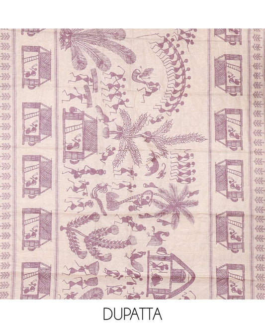 Purple material churidar set, warli tribe village theme print with mirror work semi-tussar top, plain bottom, and warli tribe village theme print semi-tussar dupatta