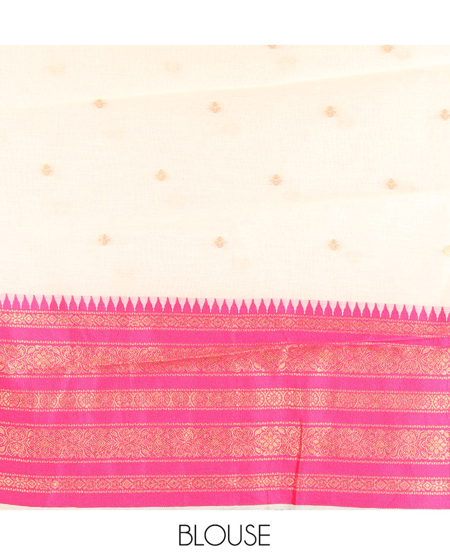 Sandal-Rani Pink Banaras Kota Half-Saree, Zari Buttas Skirt, Contrast Traditional Border, Matching Blouse, Contrast Dhavani