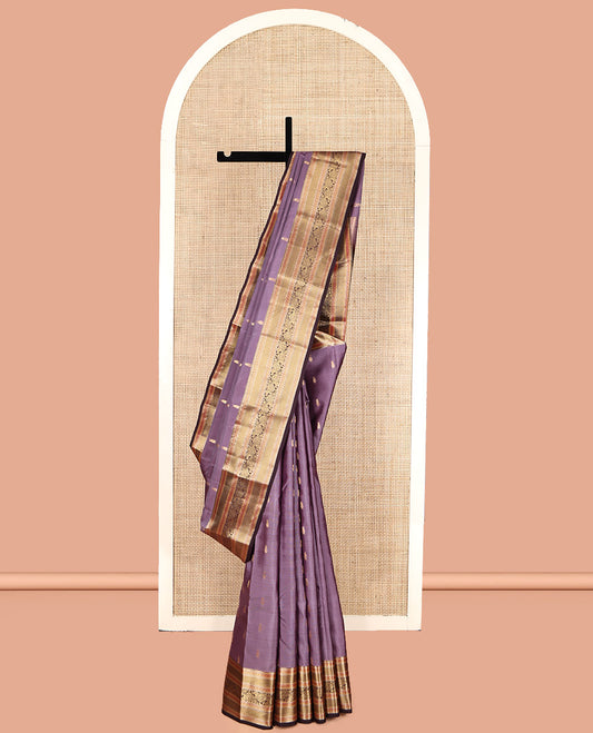 Lavender Vasundhara Lite Silk Mix Saree, Mesmerized with Zari Buttas, a Contrast Border of Rekku, Muthu, Mayil Kann, and Dhavana Kodi, Jaal Pallu, and a Contrast Blouse