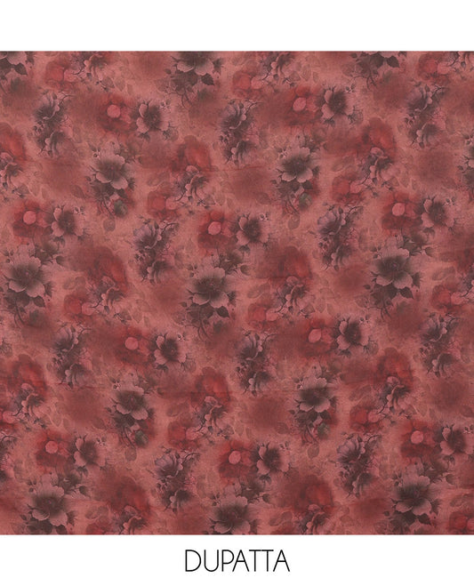 Maroon Material Churidar Set, Highlighted with Swarovski Stone Work Nc Moss Organza Top, Comes with a Plain Santoon Bottom, and Floral Printed Nc Moss Organza Dupatta