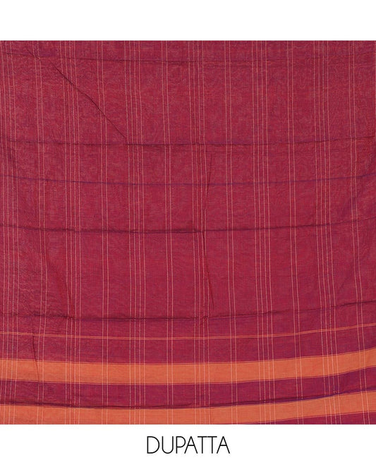 Magenta mercerized cotton material chudidar set,vertical striped contrast border top, matching threadwork bottom & traditional border matching dupatta