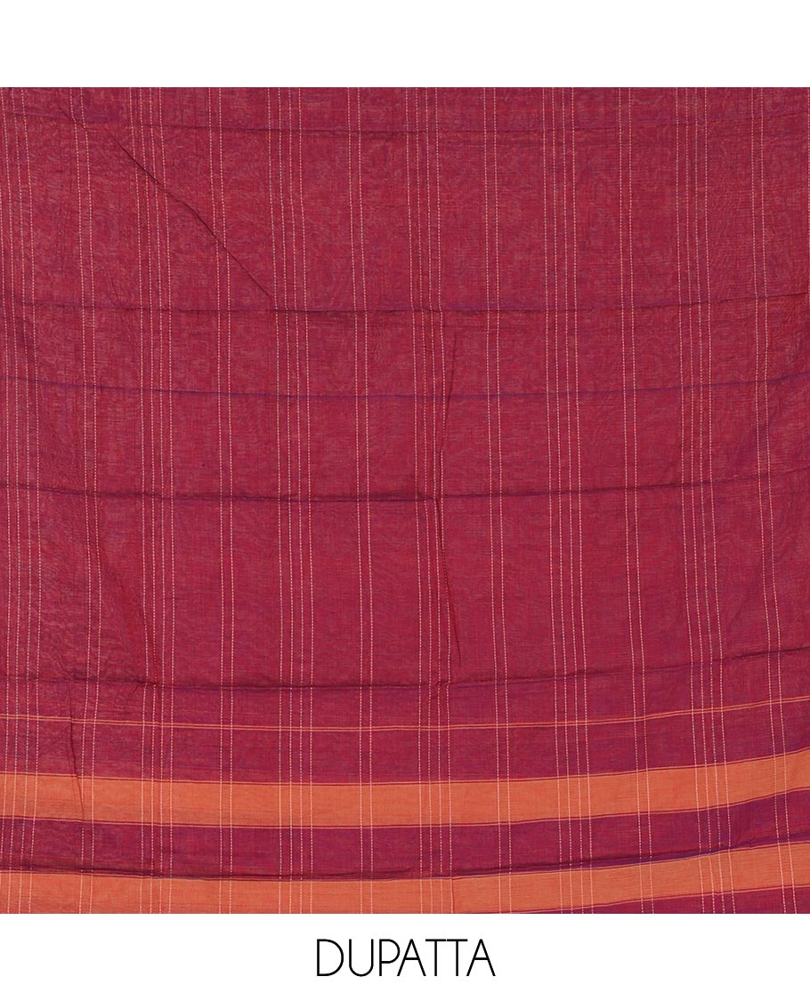 Magenta mercerized cotton material chudidar set,vertical striped contrast border top, matching threadwork bottom & traditional border matching dupatta