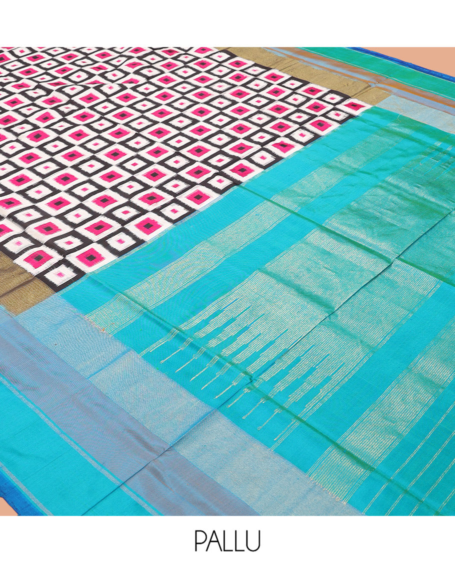 Multi-Color Geometric Pochampally Ikat Saree, Contrast Border