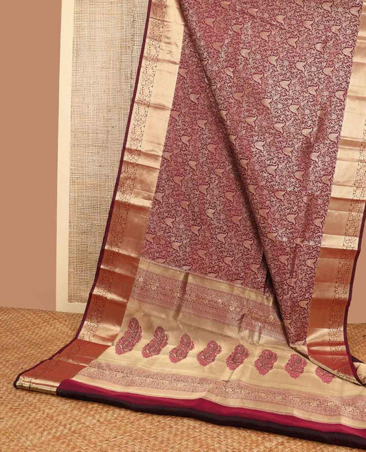 Moroon floral jacqaurd kancheepuram silk saree with self border of muthu, banaras, floral design & zari design pallu
