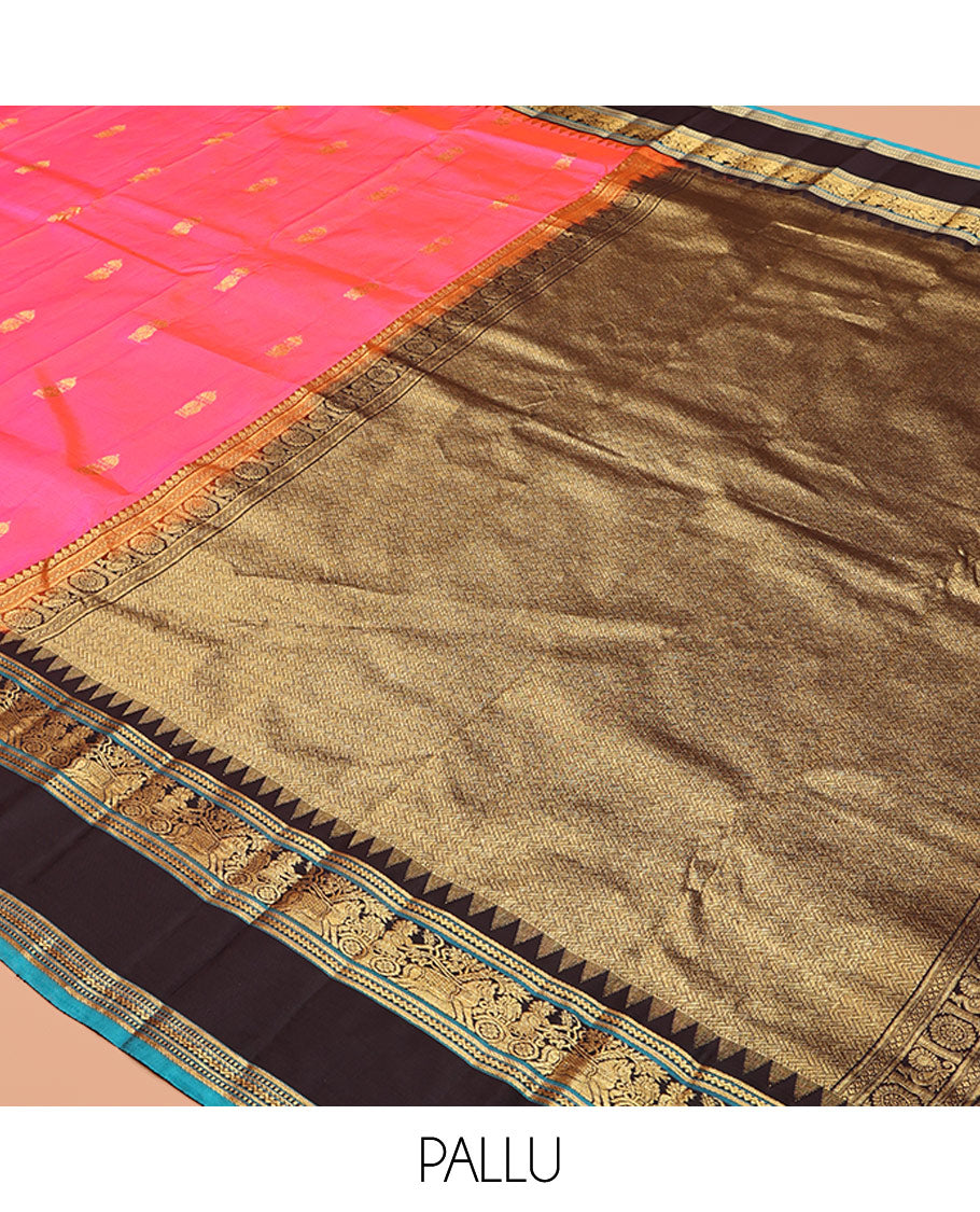Pink Vasundhara Silk Saree, Embellished with Zari Buttas, Complemented by Contrast Rettai Pettu Temple Border, Grand Paiyadi Kattam Pallu, and a Contrast Blouse