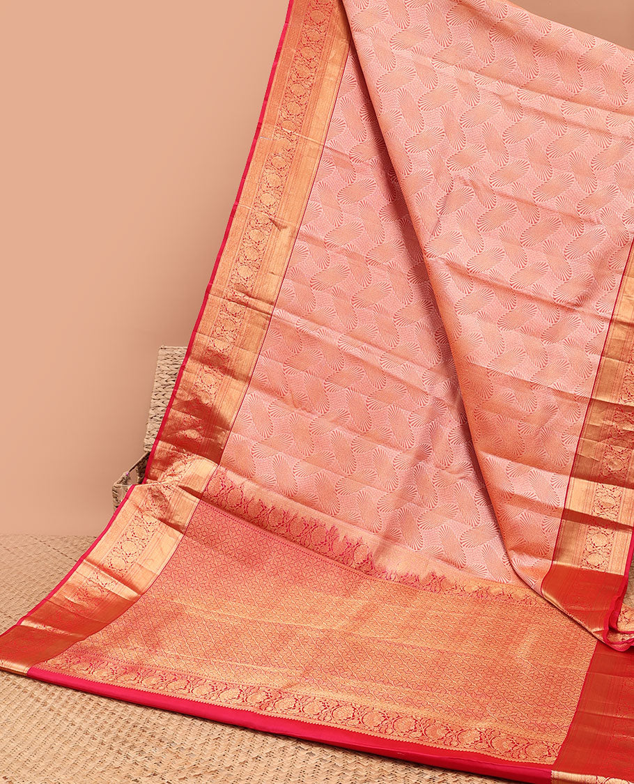 Red unique zari design kancheepuram silk saree with contrast border of rekku, muthu, kodi visiry design & zari design pallu