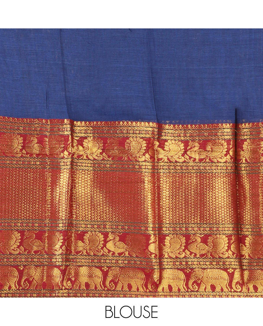 Blue half-saree, plain with big contrast traditional zari motifs steeped border skirt, matching blouse and a plain zari border contrast dhavani