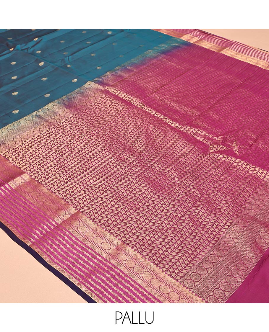 Blue Vasundhara Lite Silk Mix Saree, Woven with Zari Buttas, a Contrast Border of Charkam and Neli Designs, Grand Pallu, and a Contrast Blouse
