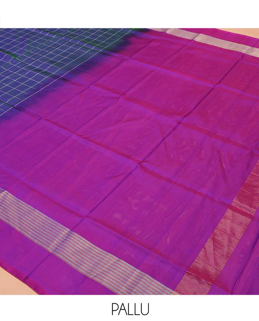 Blue Uppada Silk Saree, Beautified with Checked Designs All Over Its Body, Complemented by a Contrast Border of Stripes, Plain Pallu, and Paired with a Contrast Blouse