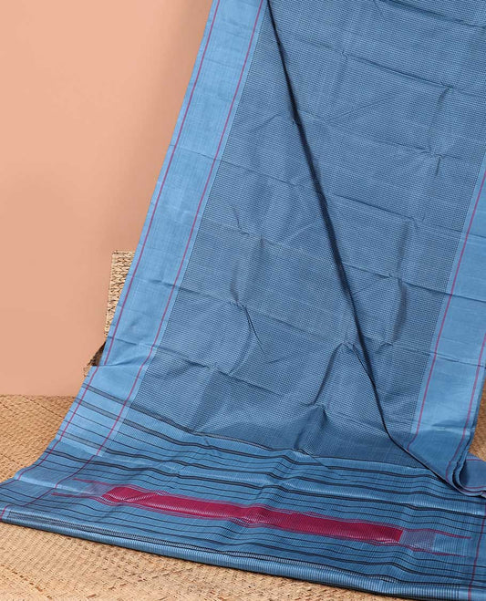 Blue checked kancheepuram silk saree with contrast rettai pettu border & striped design pallu