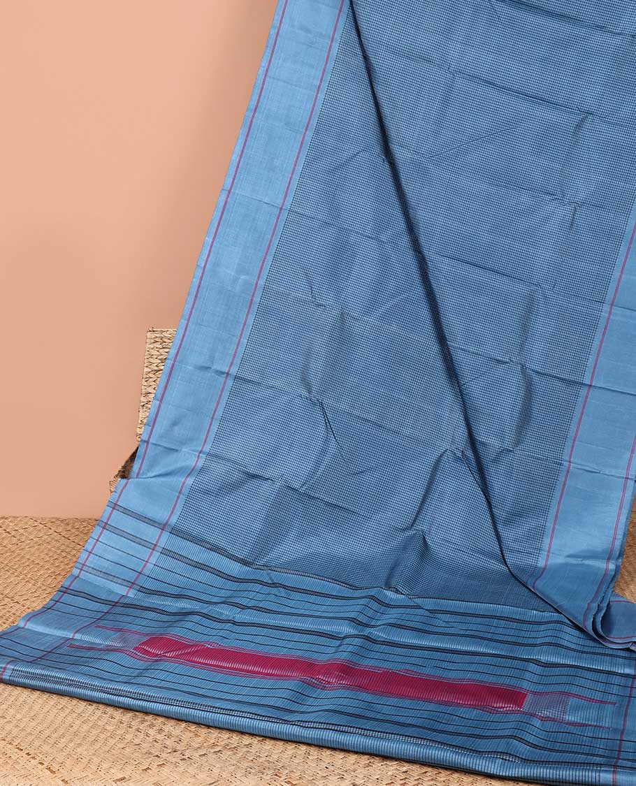 Blue checked kancheepuram silk saree with contrast rettai pettu border & striped design pallu