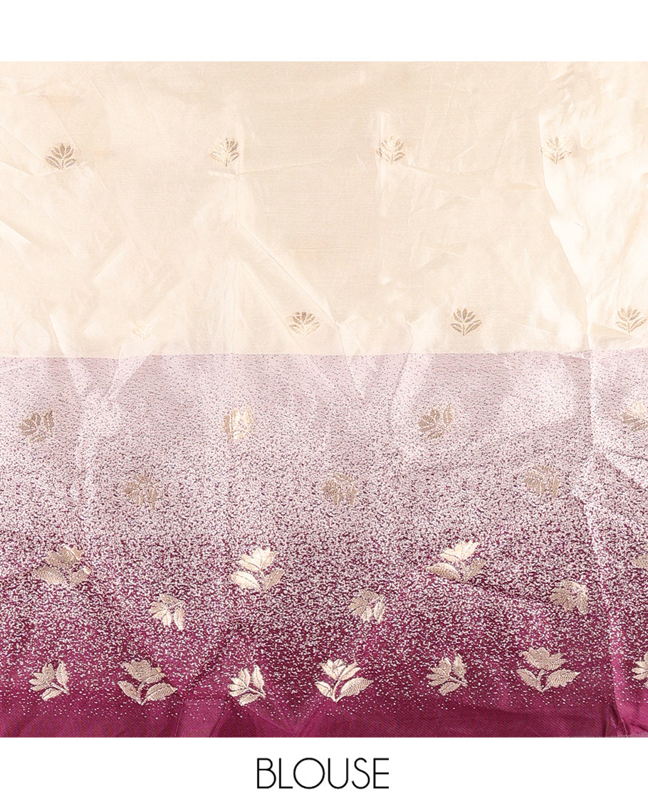 Cream-Wine Semi-Silk Half-Saree Featuring Buttas Skirt, Contrast Floral Border, Matching Blouse, Contrast Syska Georgette Dhavani
