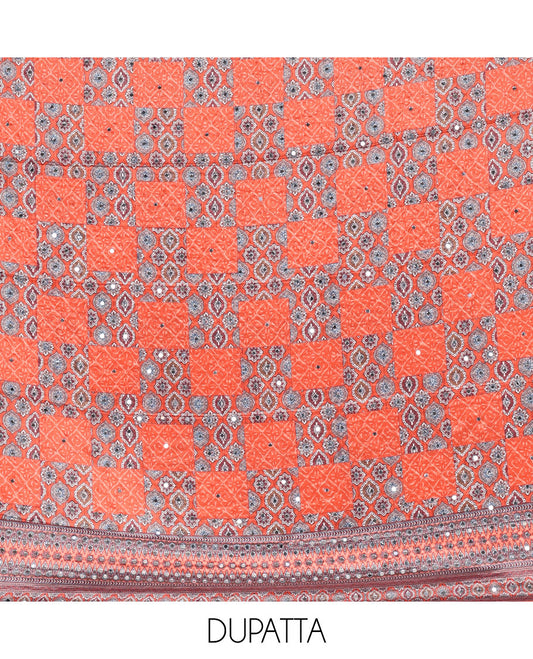 Neon orange material chudidar set, intricately printed with neck mirror work crepe top, Italian crepe bottom, and digital printed mirror work chinon dupatta