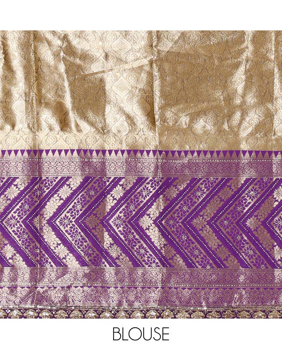 Gold banaras half saree, ogee skirt, contrast violet traditional zari border, matching blouse, and Syska georgette embroidered dhavani