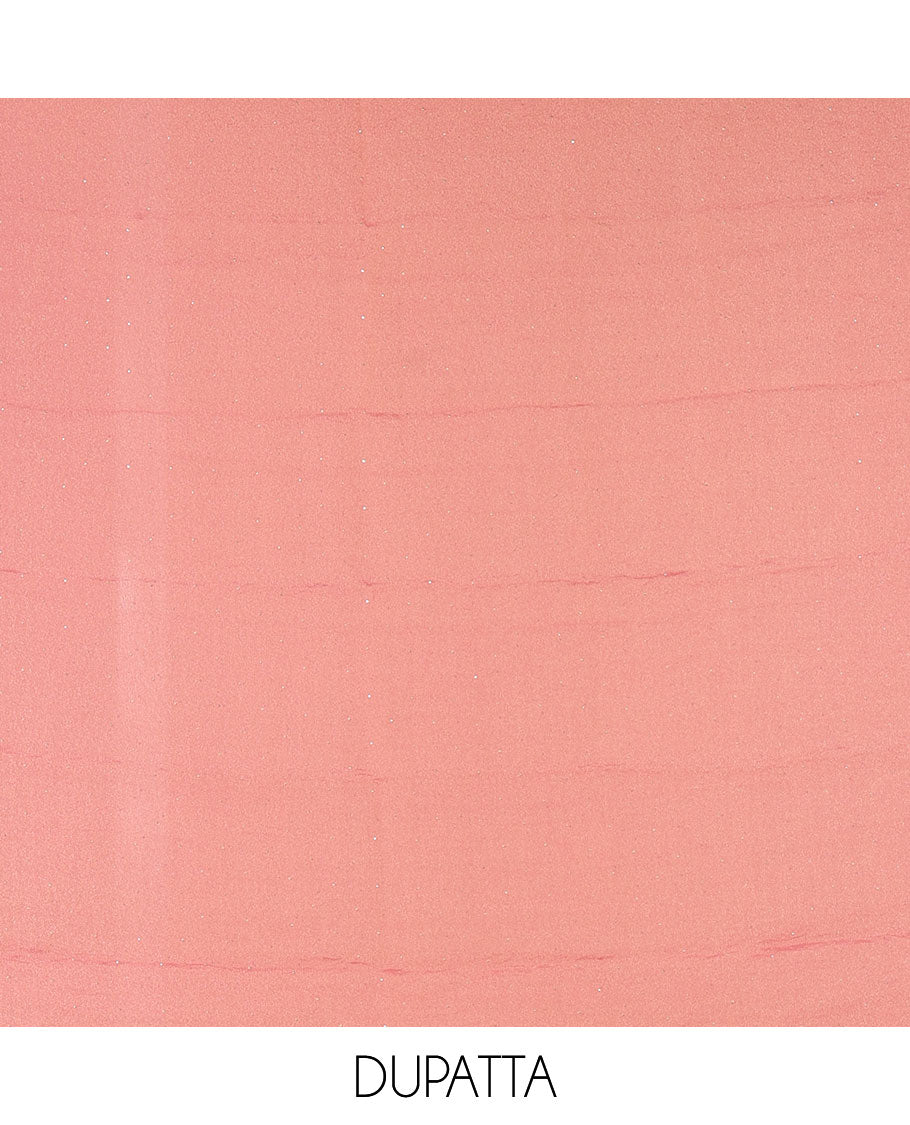 Pink material chudidar set, stone work moss organza top, a matching bottom, and scallop stone work moss organza dupatta