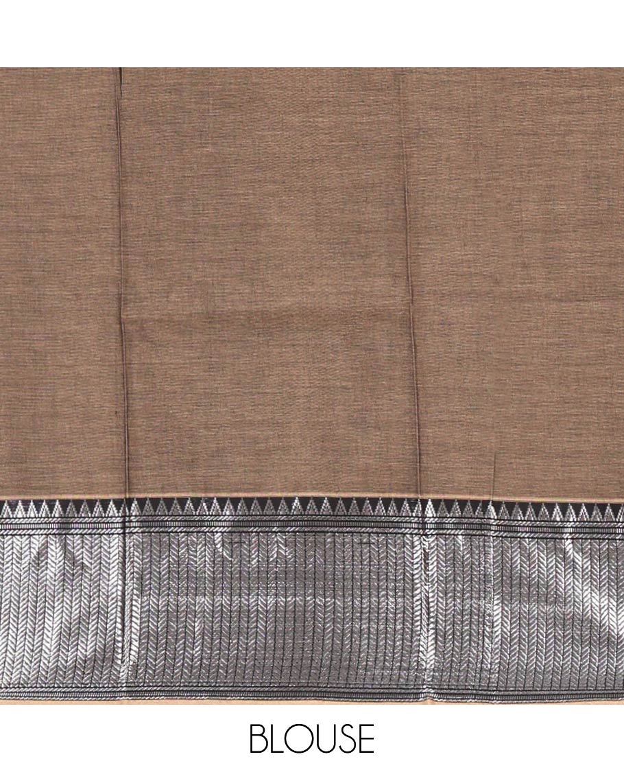 Grey-black Mercerised cotton half-saree, plain & contrast temple geometric border skirt, matching blouse & contrast zari border Vichitra silk dhavani