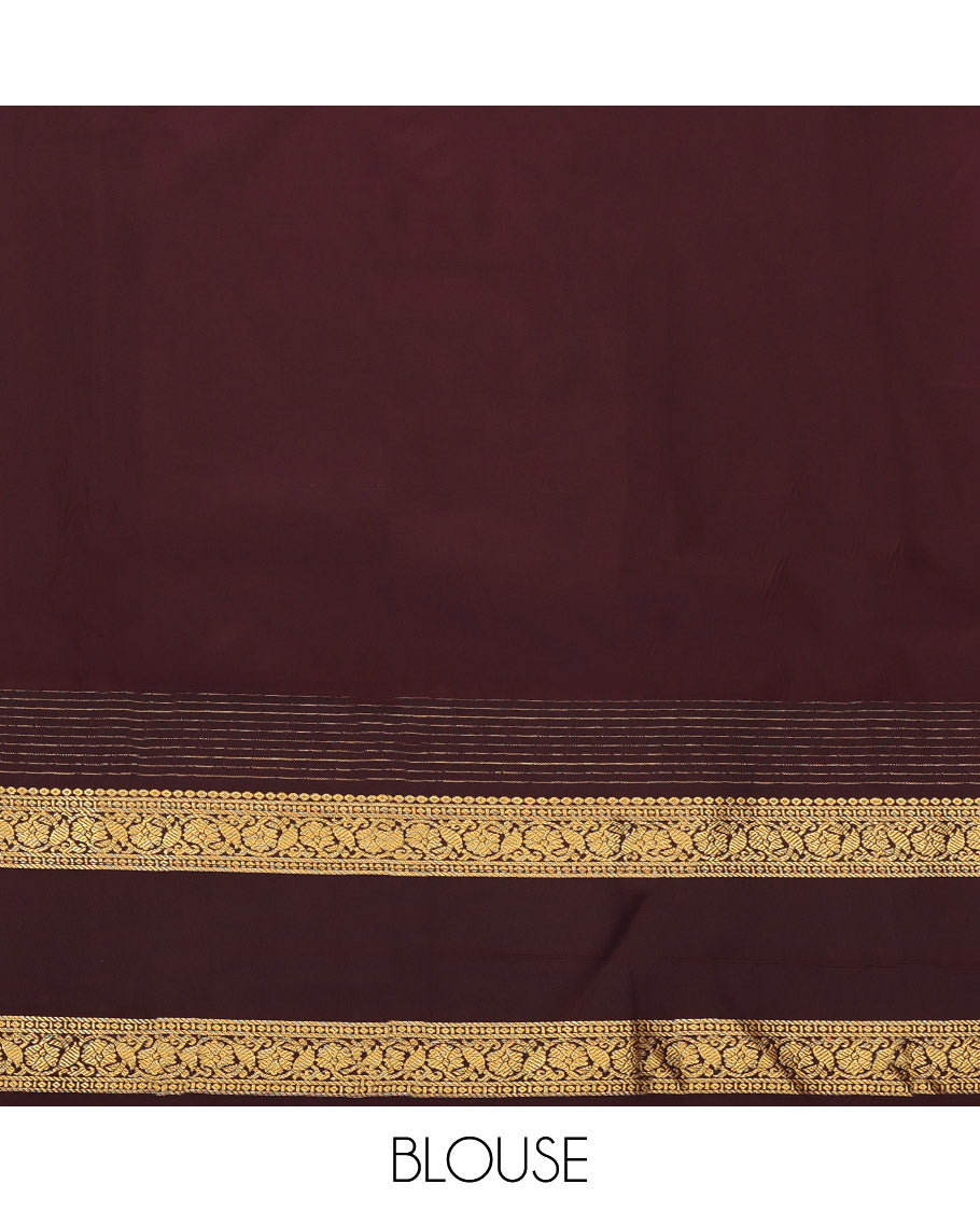 Orange Budget Silk Saree, Gleamed Up with Zari Buttas, Complemented by Contrast Traditional Zari Rettai Pettu Temple Border, Grand Pallu and a Contrast Blouse