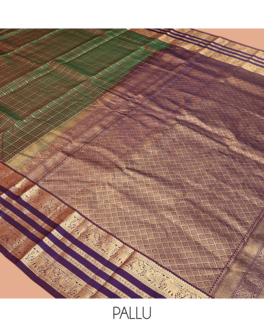 Green Vasundhara Silk Saree, Meticulously Crafted with Zari Butta Enclosed Checks All Over Its Body, Complemented by a Contrast Border of Mayil, Kuthirai, and Yaanai Designs, Grand Jaal Pallu, and Paired with a Contrast Blouse