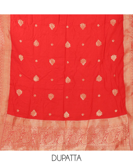 Chilli red banaras semi-silk chudidar material set, floral zari buttas & stonework top,plain santoon bottom & gold zari design dupatta