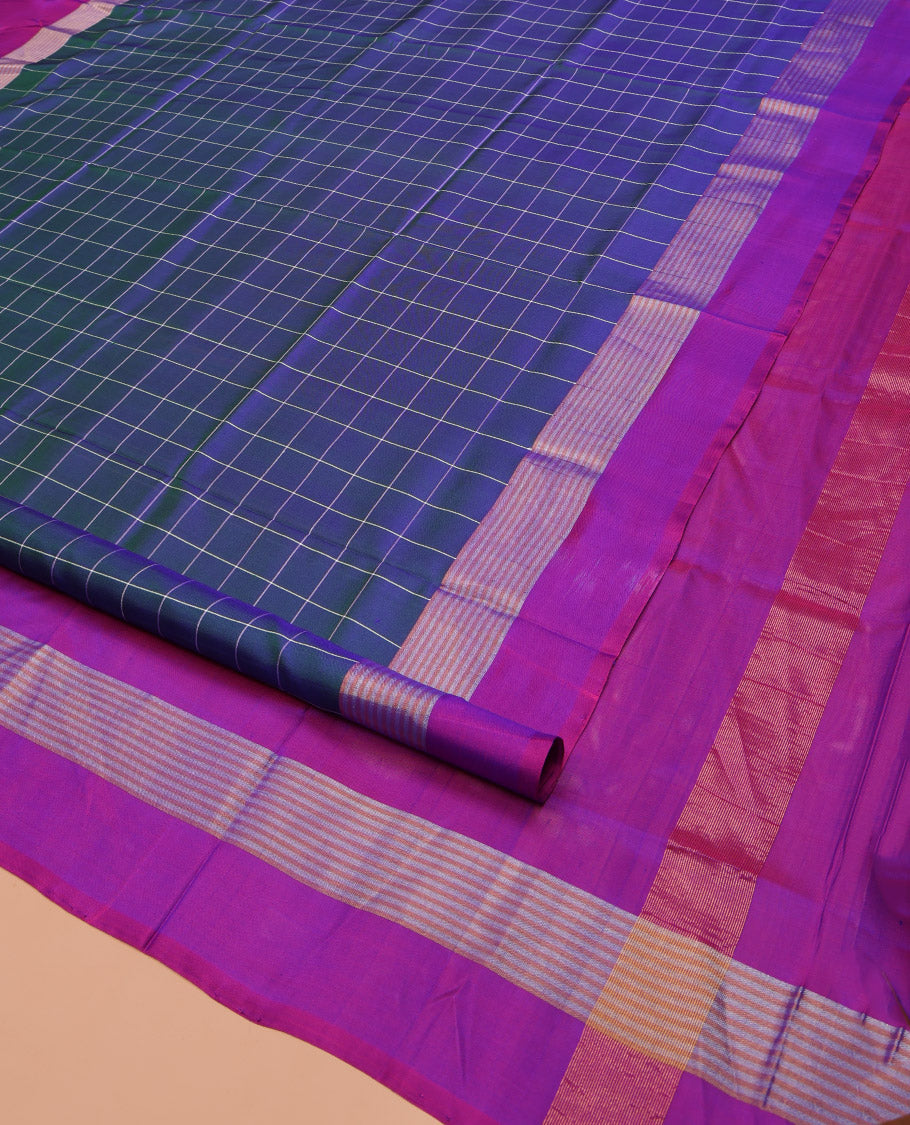 Blue Uppada Silk Saree, Beautified with Checked Designs All Over Its Body, Complemented by a Contrast Border of Stripes, Plain Pallu, and Paired with a Contrast Blouse