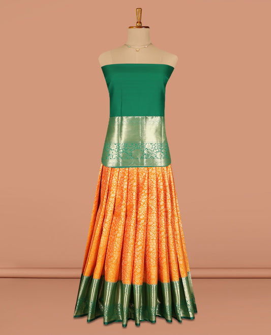 Orange Jacquard Art Silk Pavadai Material, Contrast Traditional Zari Border, a Contrast Blouse