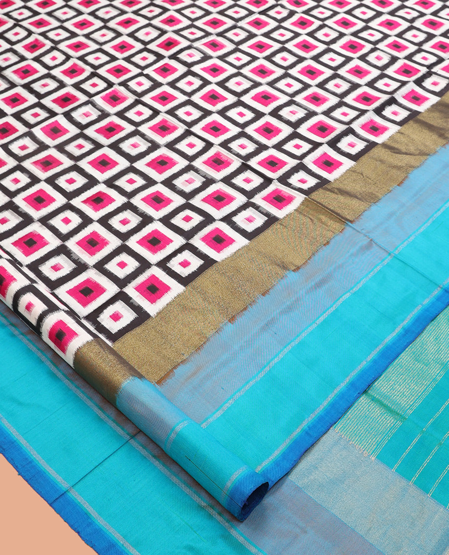 Multi-Color Geometric Pochampally Ikat Saree, Contrast Border