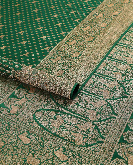 Green floral motifs banaras silk saree with self zari design border & intricate floral zari design pallu