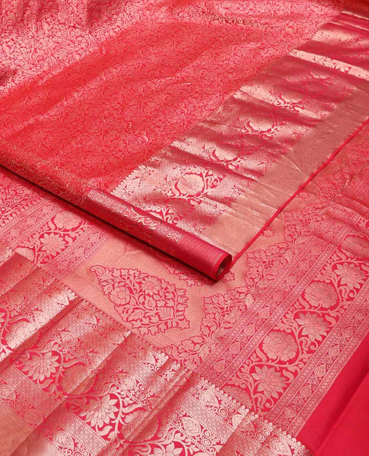 Red floral jacquard kancheepuram silk saree with self border of thilakam mokku, muthu, kodi visiry, banaras design & zari design pallu