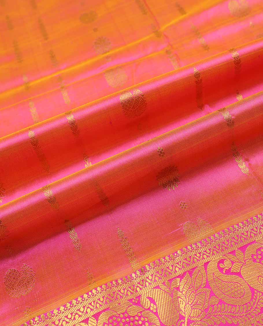 Pink buttas silk half saree with contrast border of banaras, manga design,zari design blouse & zari design border dhavani