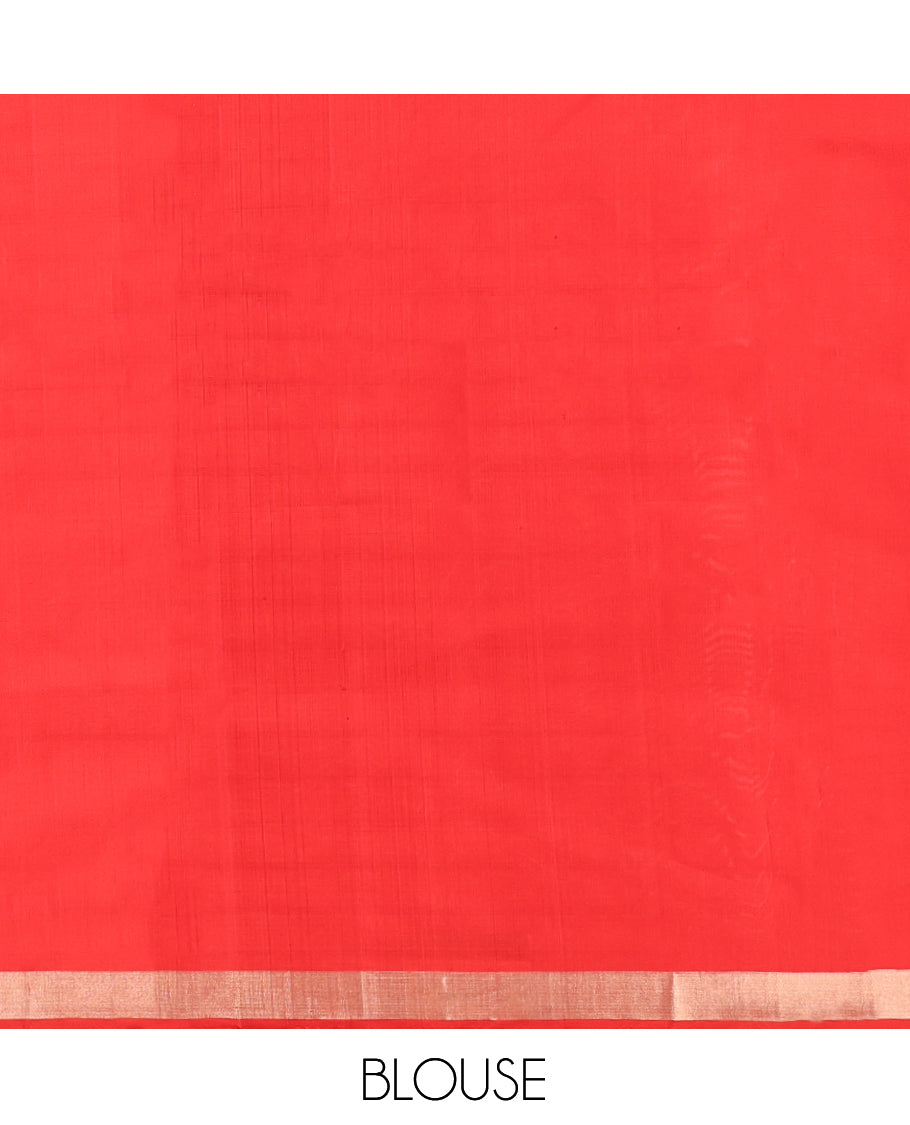 Red Mayuri Soft Silk Saree, Subtly Sparkled with Buttas, Highlighted by a Self-Border of Floral and Peacock Design, Pallu Mirrors the Same Design, and a Matching Blouse