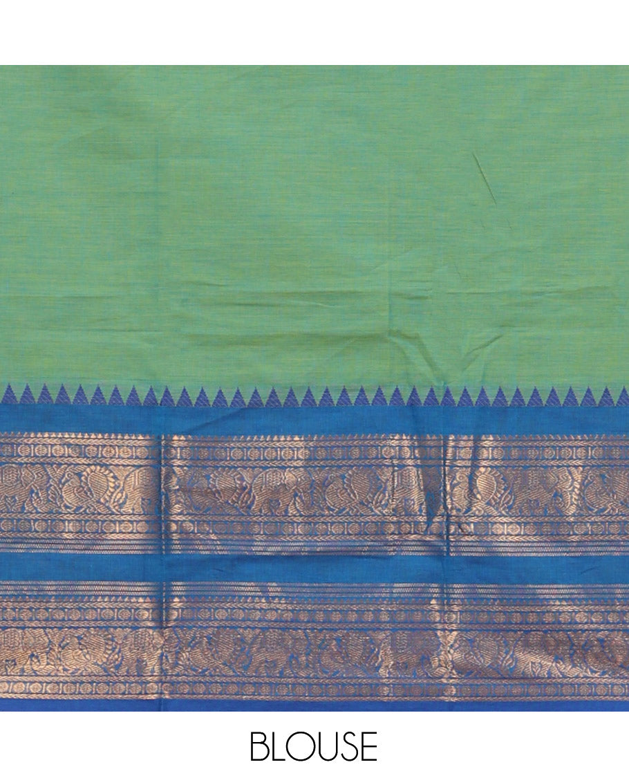 Aqua Cotton Half-Saree Features Plain Skirt, a Contrast Traditional Zari Temple Border, a Matching Blouse, and a Contrast Dhavani