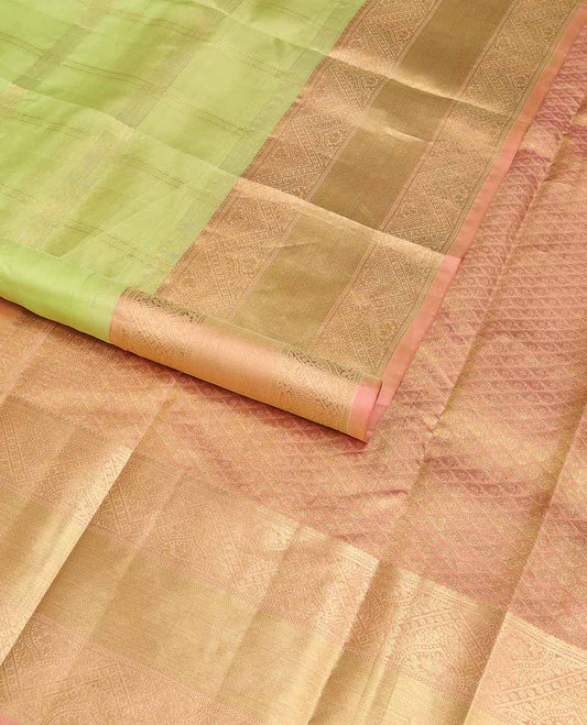 Mint green checked silk saree with contrast intricate zari design border & leaf jaal design pallu