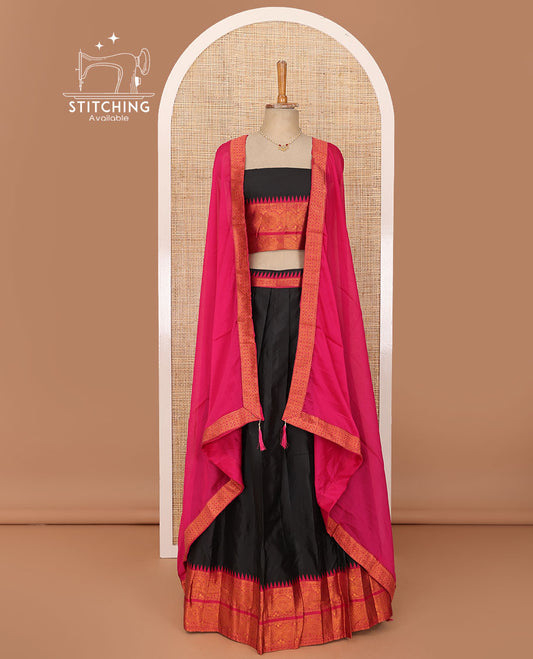 Black lehenga set, plain  with contrast temple traditional motifs woven border skirt, matching traditional border blouse & pink zari border dhavani