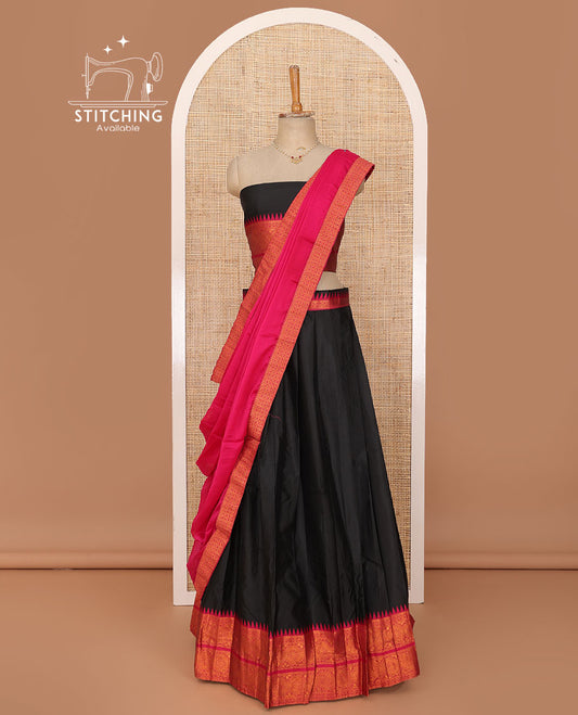 Black lehenga set, plain  with contrast temple traditional motifs woven border skirt, matching traditional border blouse & pink zari border dhavani