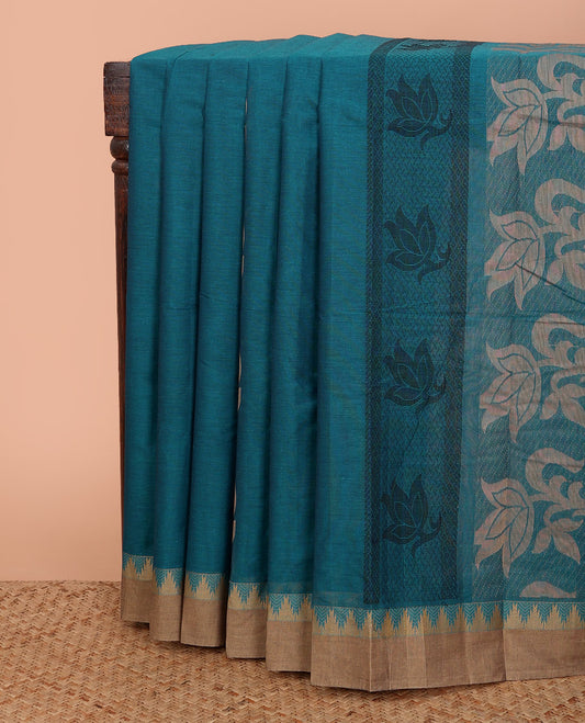 Blue leaf buttas Kanchi cotton saree, contrast temple border, and pallu of floral designs