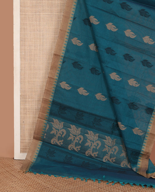 Blue leaf buttas Kanchi cotton saree, contrast temple border, and pallu of floral designs