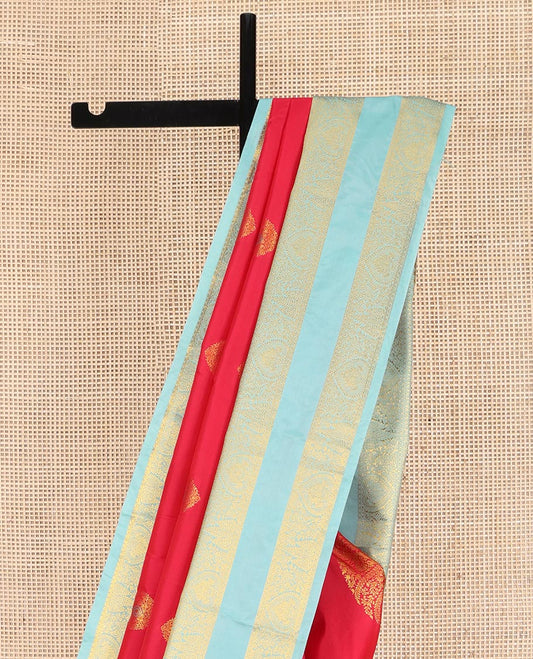 Red Budget Silk Saree, Enthralled with Meena Zari Buttas on Its Body, Complemented by Contrast Traditional Zari Design Rettai Pettu Border, Intricately Designed Pallu, and Paired with a Contrast Blouse