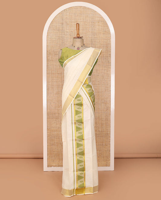 Cream plain Kerala mundu set with contrast zari border of temple & floral motifs