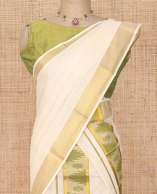 Cream plain Kerala mundu set with contrast zari border of temple & floral motifs