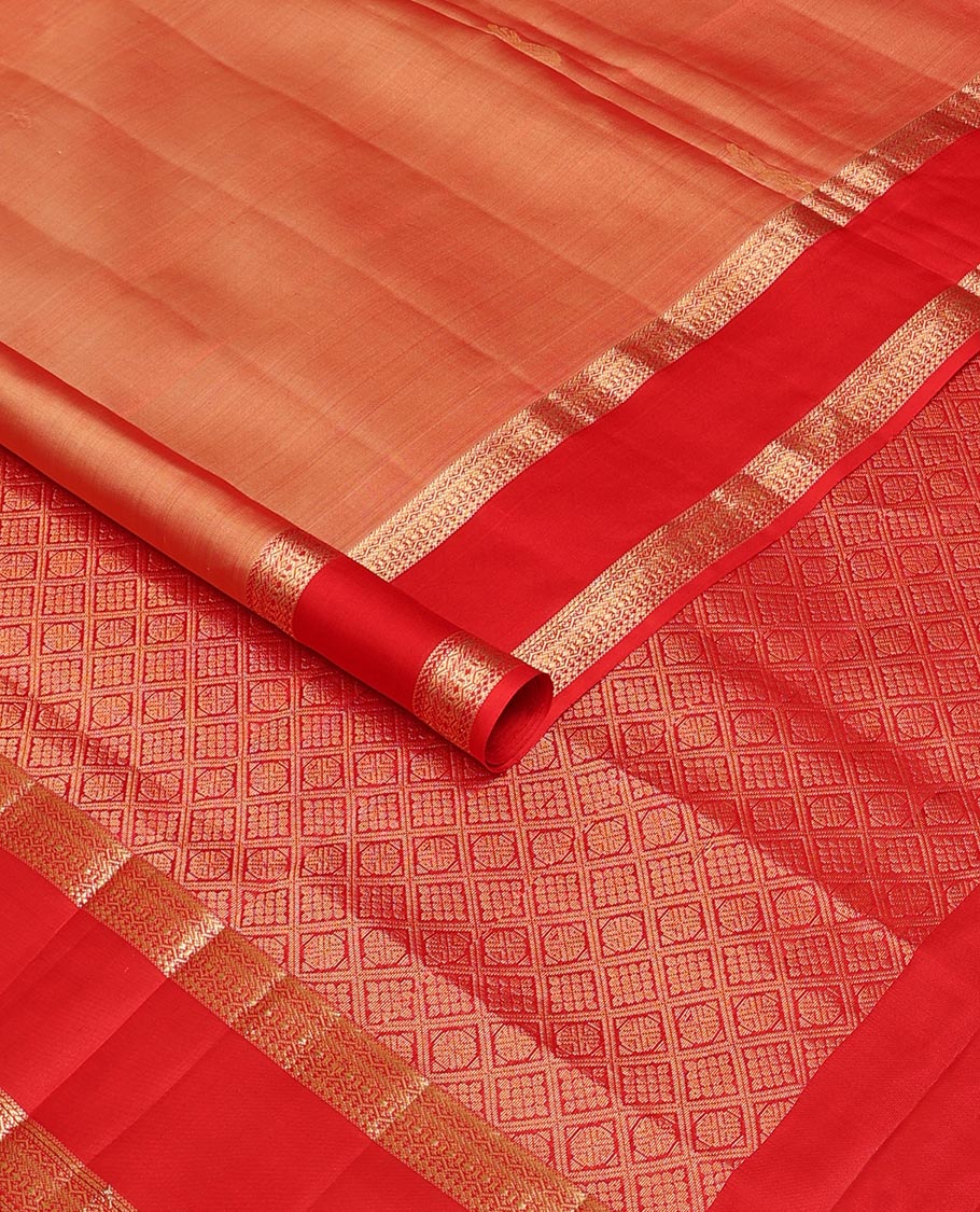 Orange zari buttas soft silk saree, contrast rettai pettu traditional design border & jaal pallu