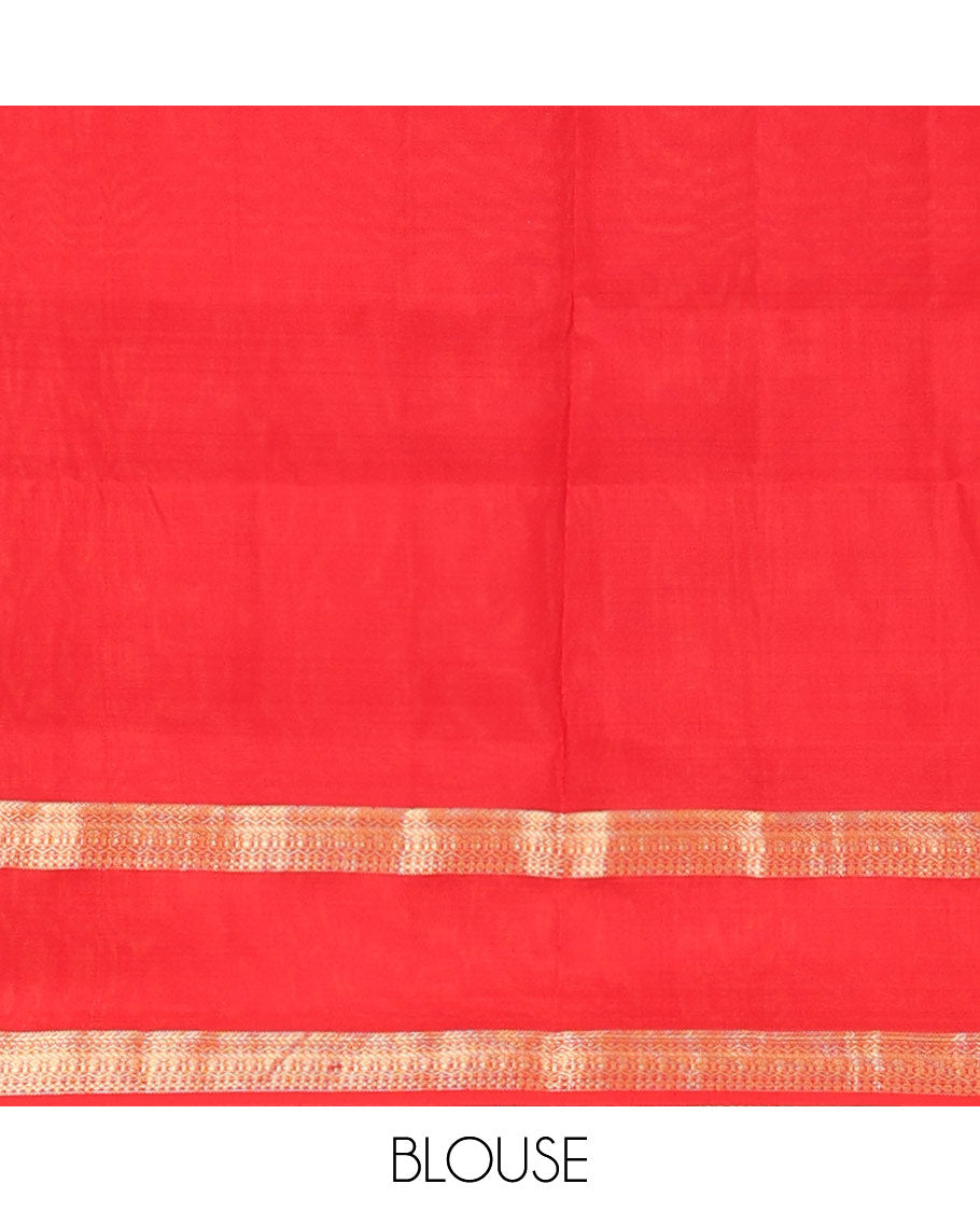 Orange zari buttas soft silk saree, contrast rettai pettu traditional design border & jaal pallu