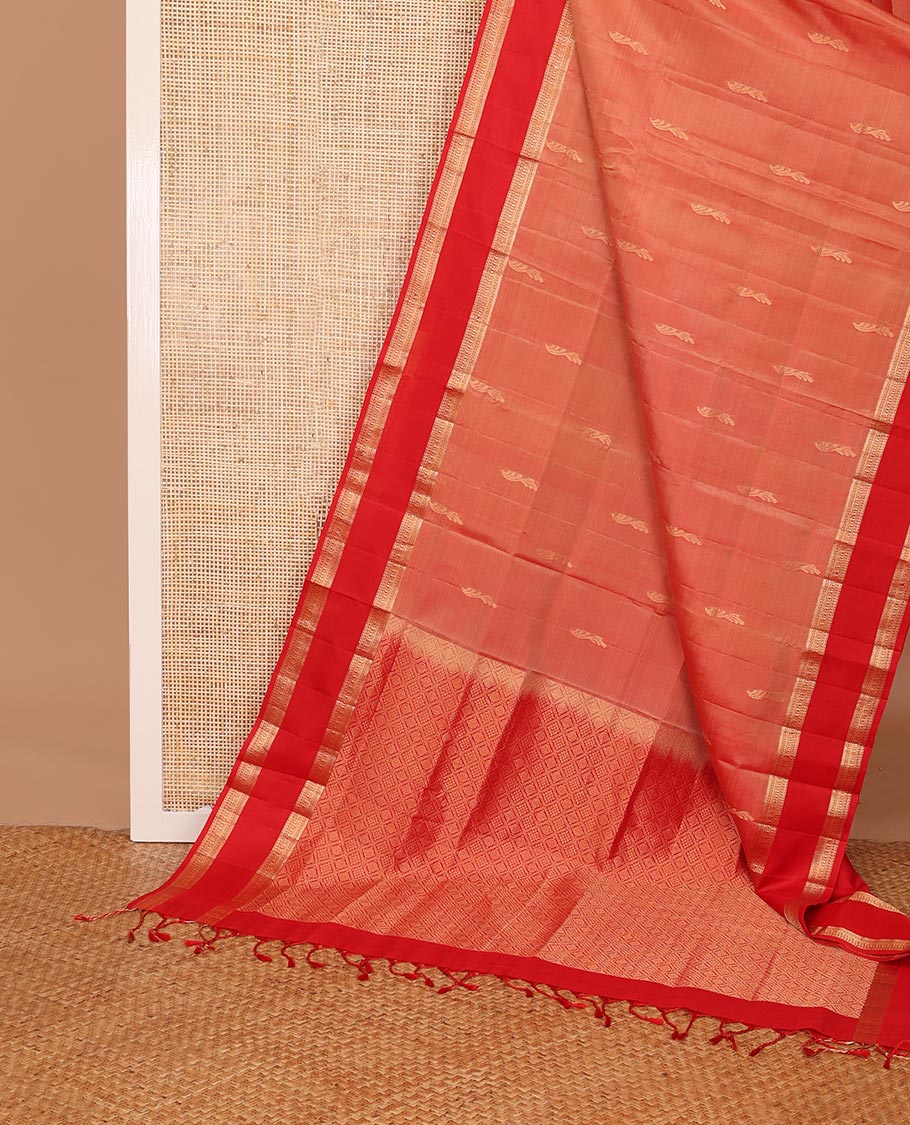 Orange zari buttas soft silk saree, contrast rettai pettu traditional design border & jaal pallu