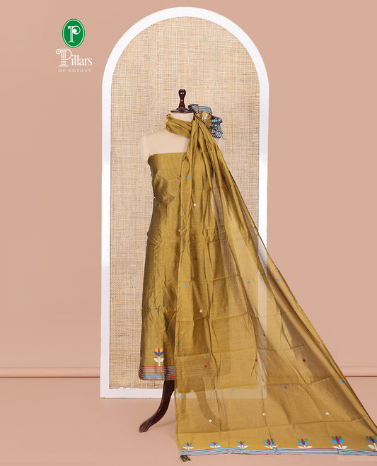 Mustard Yellow Mul Chanderi Material Churidar Features Jamdani-Style Meena Buttas Top, a Plain Bottom, and a Jamdani-Style Dupatta